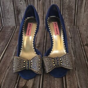 Sz 8 M Betsey Johnson Glisin Blue Suede Studded Bow Peep Toe Heels Pumps Shoes